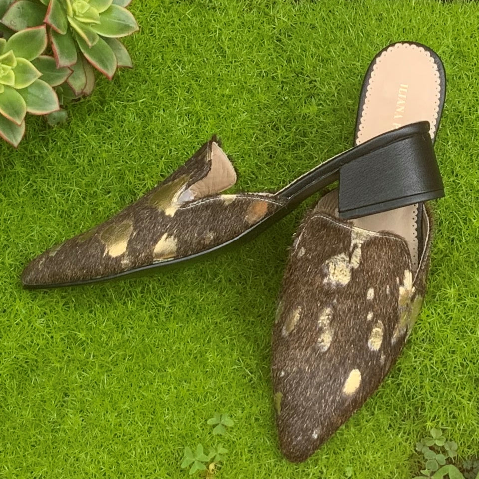 Brown/Gold Horse Hair Low Heeled Mules